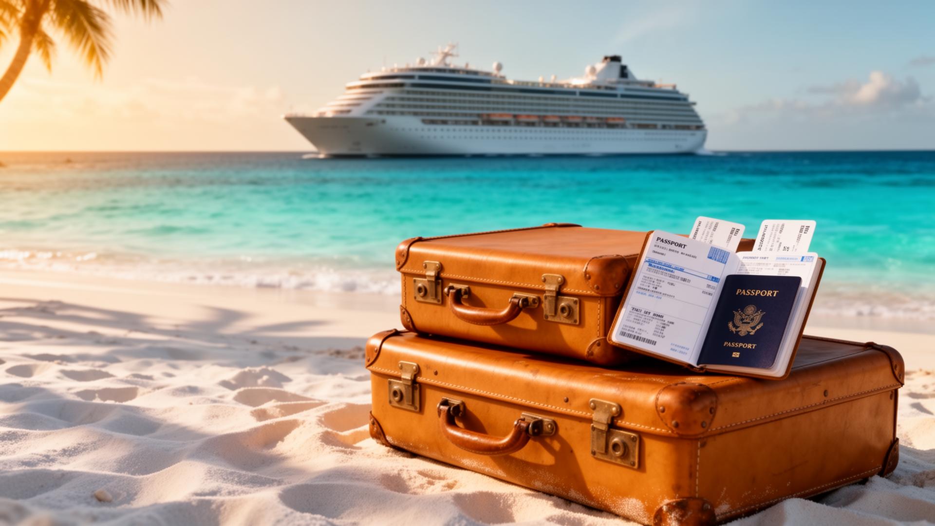 Crucero, maletas y pasaportes en playa tropical